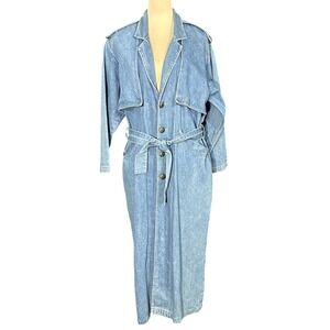Vintage 80s Medium Wash Blue Denim Classic Epaulets  Belt Trench Coat M/L